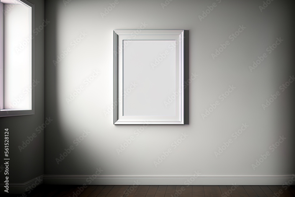 Empty white frame near wall whit room. Generative AI Empty white frame near wall whit room. Generative AI
