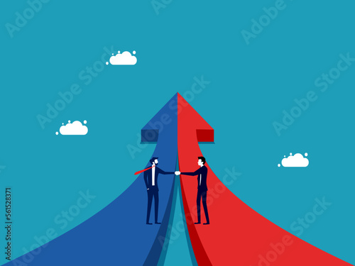 Two businessmen agree on connected arrows. The concept of cooperation for growth vector