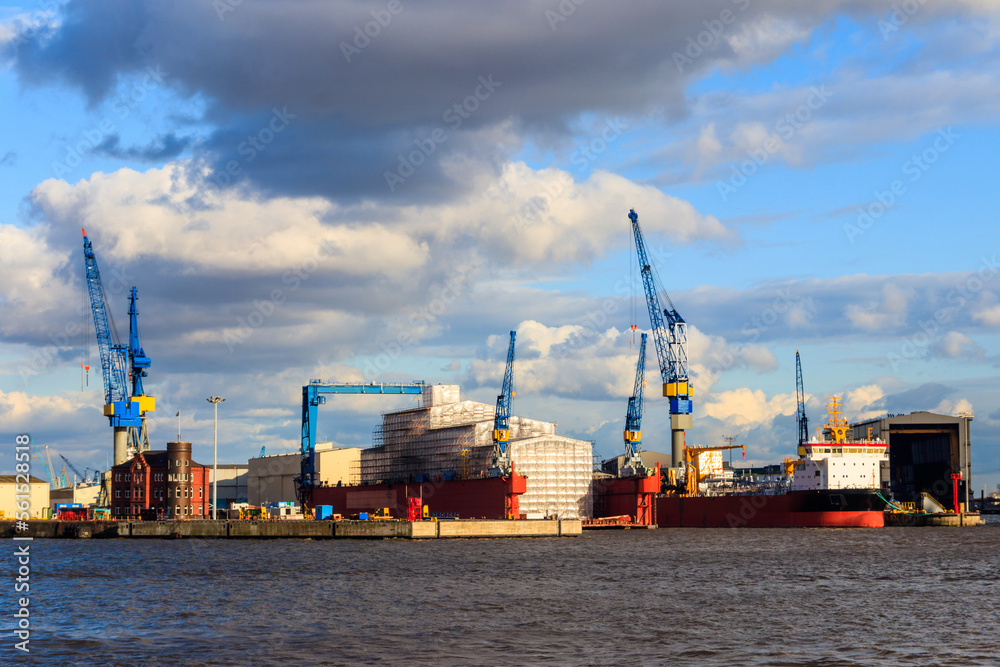 Port of Hamburg with loading cranes on the river Elbe in Hamburg, Germany