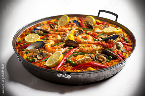  Spanish paella day.Spanish seafood paella on a pan.White background.Created with generative Aİ