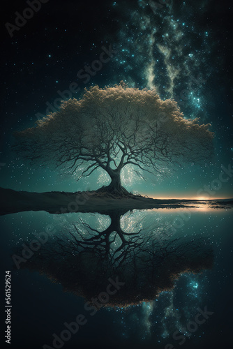 epic tree, infinite blur ocean, fantastic reflection, starry night, scenery, art illustration