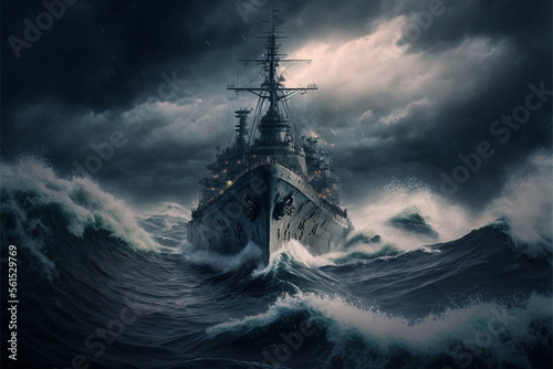Billede på lærred Navy battleship destroyer in storm generative ai