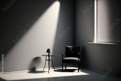 mock up of a dark room interior with shadows cast by sunshine  a gray chair  a glass coffee table  a floor light  and an empty wall . Generative AI