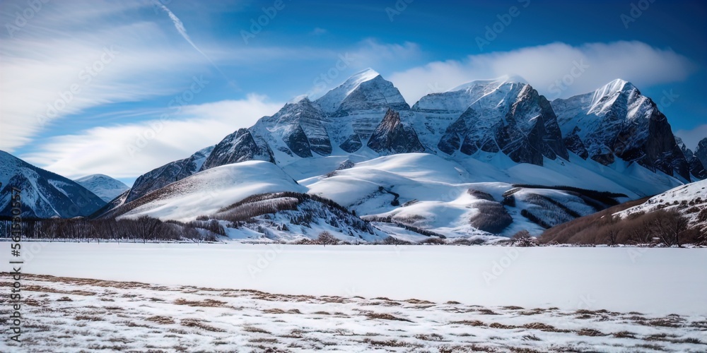 A snow covered plain with snowy mountains in the background. 