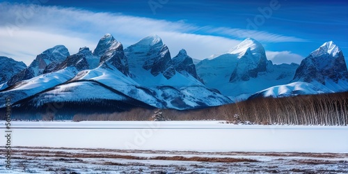 A snow covered plain with snowy mountains in the background. 