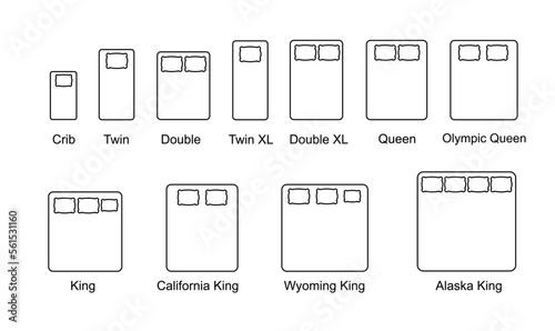 Sizes of beds and mattresses. Line icons of mattresses with dimensions. Vector photo