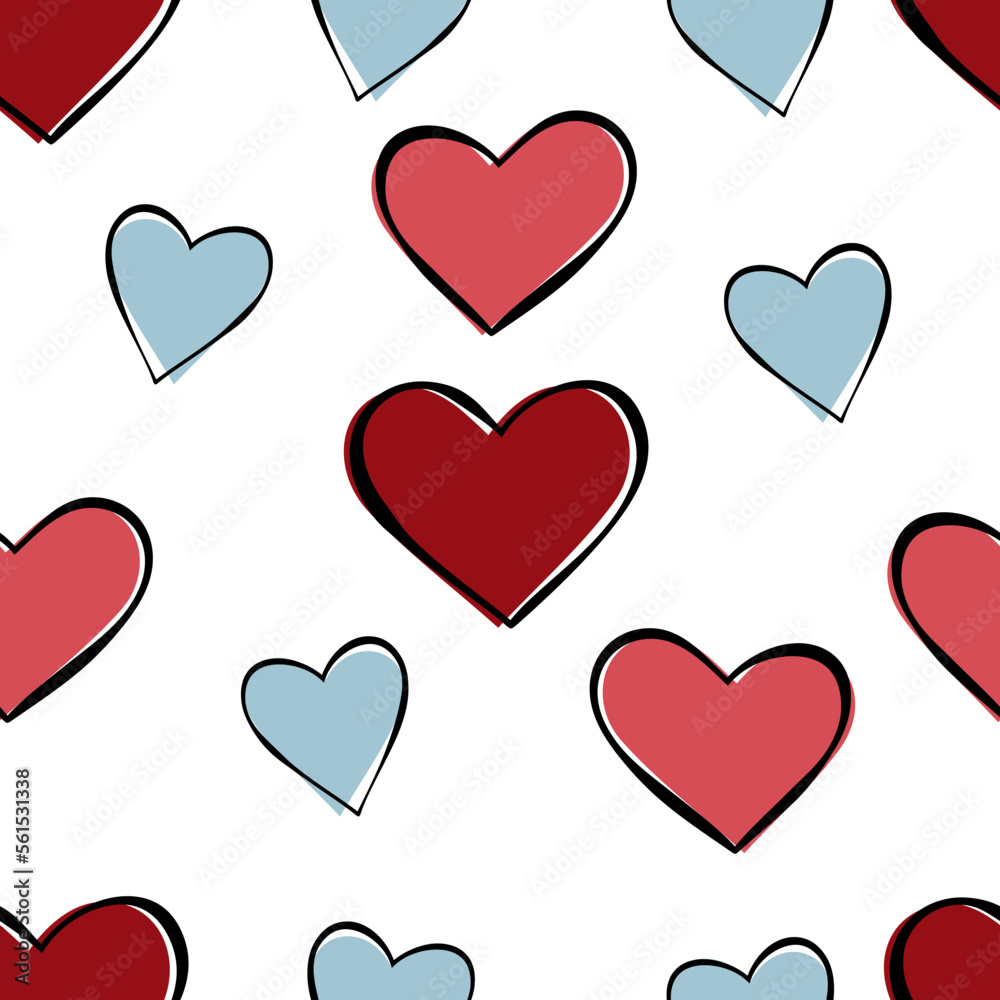 Seamless pattern with multicolored hearts in simple lines on a light background. Suitable for Valentine's Day. Vector graphics.