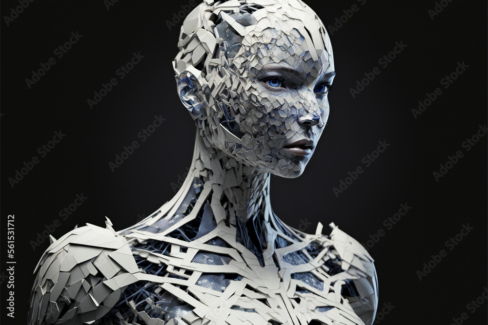 Fototapeta premium Girl robot made of polygons and scales on a dark background with copyspace. AI generated.