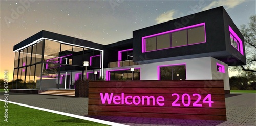 Wooden stand with glowing text Welcome 2024. Contemporary house at nighn is on the background. 3d rendering.