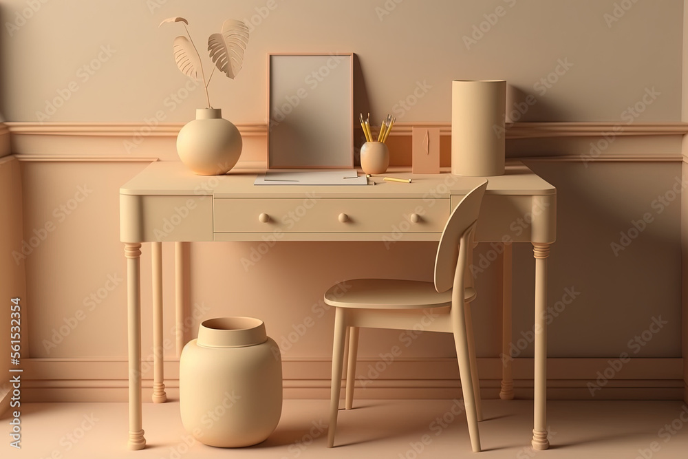 A pastel cream and beige desk and table for an office. For a desk and workspace, keep it simple. mockup model,. Generative AI