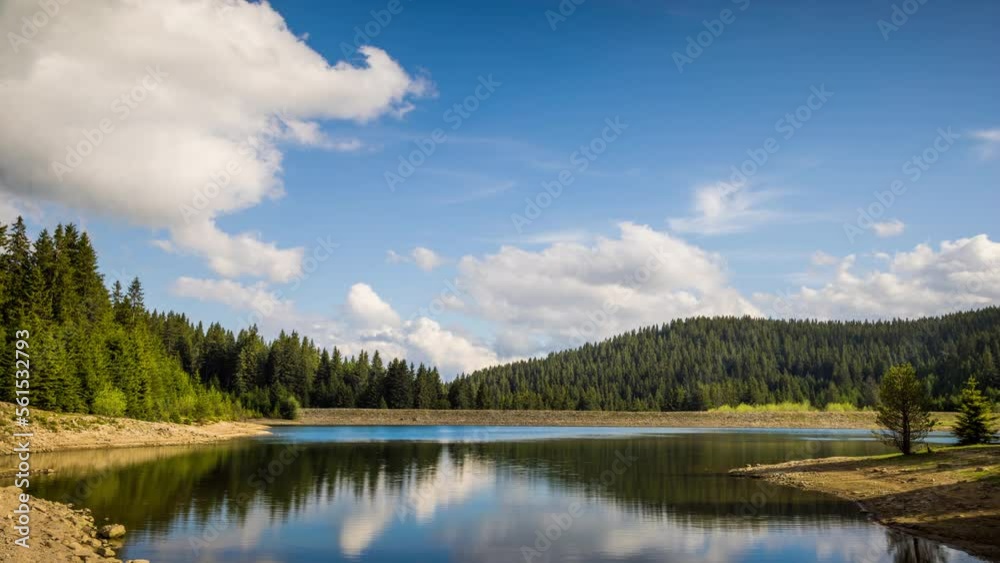 Lake with clear water and stone shore in spruce forest with fir trees against a daytime sky