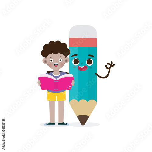 Kid Posing With Pencil Character, Back to school, cartoon Children flying on pencil, kids riding big pencil in the sky, education concept poster vector illustration isolated on background