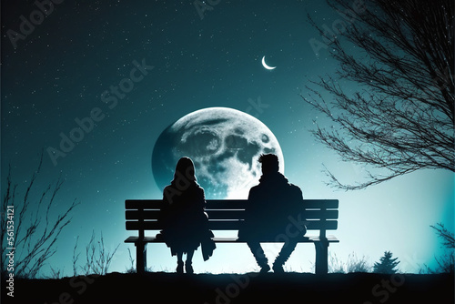 A silhouette of a couple on a date under the full moon sky Generative AI