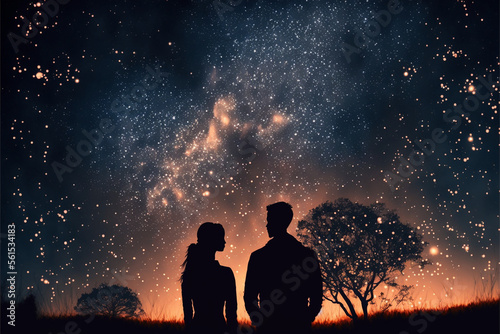A silhouette of a couple on a date under the sky full of stars Generative AI