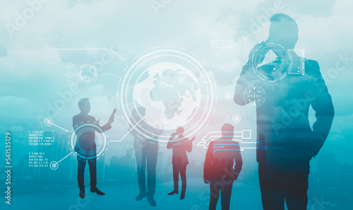 Futuristic silhouette business people group working on communication technology with internet link graphic background, Business global network connection telecommunication technology concept