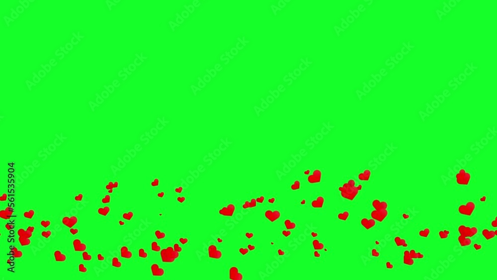 Animation of flying red hearts in the wind at the bottom. Romantic background. Green screen. Animation of flying red hearts in the wind at the bottom. Romantic background. Green screen.