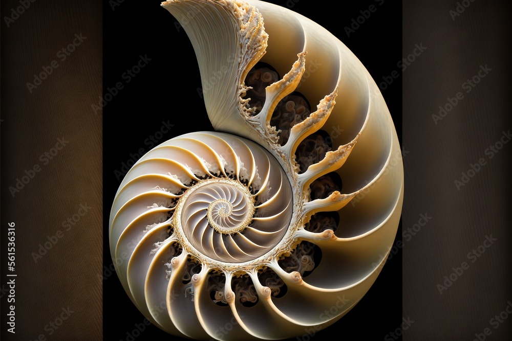 Obraz premium a large white shell with a spiral design on it's side, with a black background and a black background behind it, with a black border, with a white border, and a black border, with a.