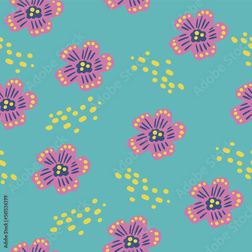 Organic flat design abstract floral pattern on turquoise background with pink flowers