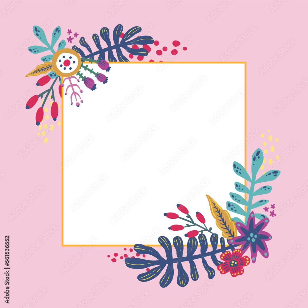 Pink frame with flowers and green leaves in corner vector image