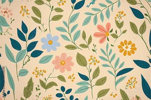  a floral wallpaper with blue, pink, yellow, and green leaves and flowers on a beige background with a blue border and a yellow center flower on the left side of the wall.