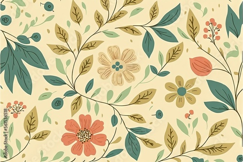  a floral pattern with leaves and flowers on a beige background with blue and green accents and a light green center piece of the pattern is a light yellow background with a few small blue and.
