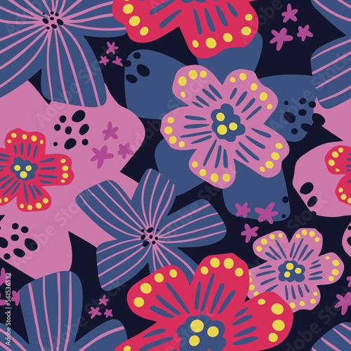 Amazing seamless floral pattern with bright colorful flowers and leaves on a dark blue background. The elegant the template for fashion prints. Modern floral background