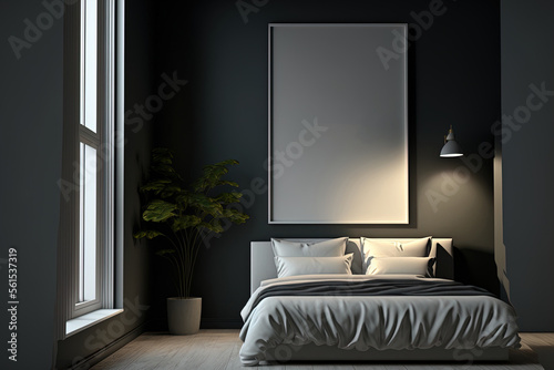 Front view on dark bedroom interior with two empty white posters  bed  window  oak wooden floor  grey wall. Concept of minimalist design. Space for chill and relaxation. Mock up. Generative AI
