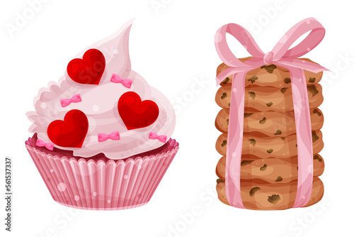 Set vector bright valentines day cupcake and stack of oatmeal cookies, hearts and bows, festive pastries