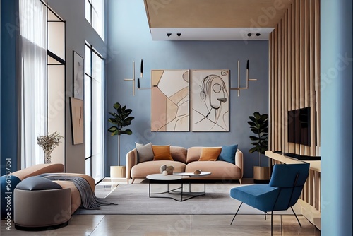 Obraz na płótnie A modern living room, in a minimalist millenium crib, high ceiling and filled with warm blue and khaki colour as the wall blend in with the design of the furniture