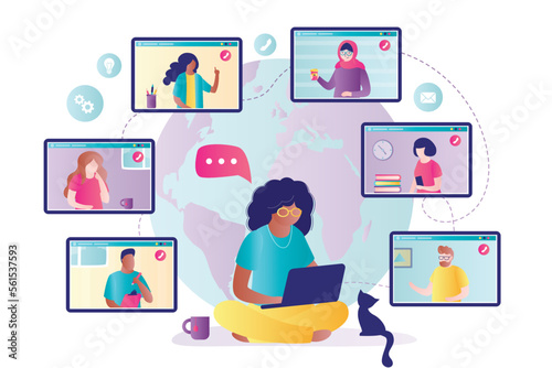 Business woman holds laptop. Online meeting. Colleagues discussing matters at online conference. Multiethnic people conversation on video calling. Concept of freelance and remote work.