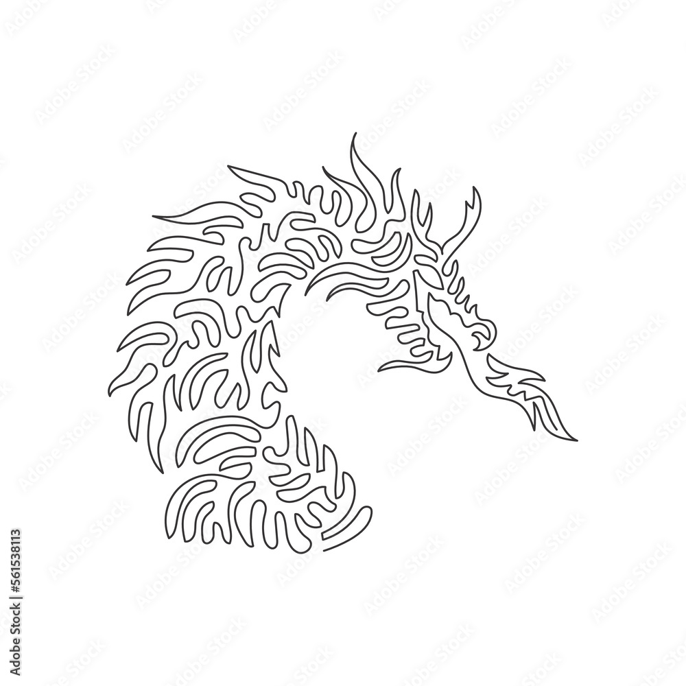Continuous curve one line drawing of gruesome dragon curve abstract art. Single line editable stroke vector illustration of fire-breathing dragon for logo, wall decor and poster print decoration