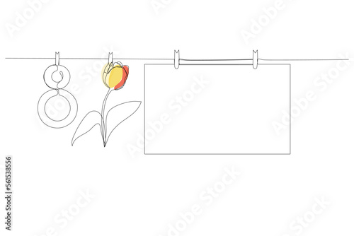 Congratulatory banner from March 8 in one line. Modern design greeting card, 8 march, continuous line drawing,for invitation card, brochure, poster, postcard. Vector.