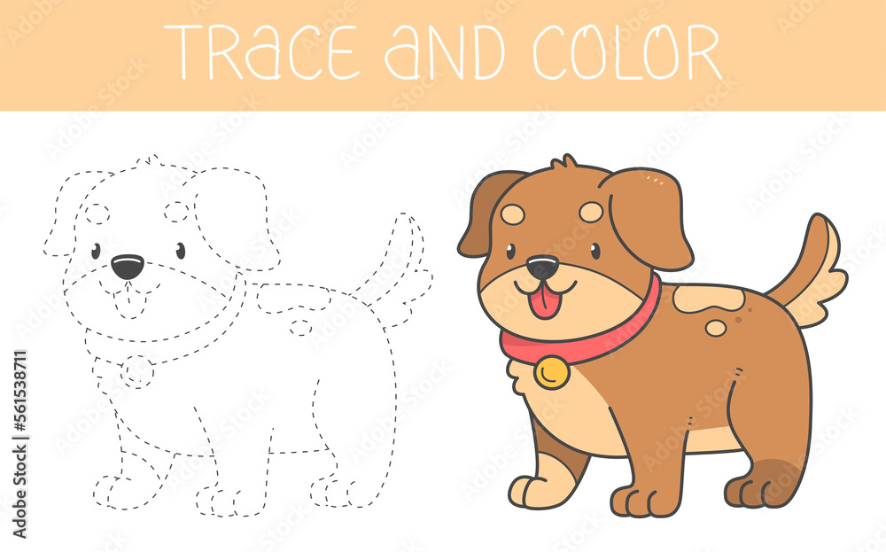 Trace and colour coloring book with a dog for kids. Coloring page with a cute cartoon puppy. Trace and colour coloring book with a dog for kids. Coloring page with a cute cartoon puppy.