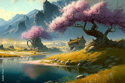 beautiful spring landscape, fantasy, scenery, tree, sakura, art illustration © Oleksandr