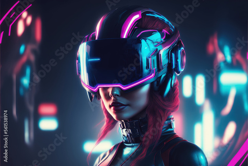 Future digital technology metaverse game and entertainment, Teenager having fun play VR virtual reality goggle, sport game 3D cyber space futuristic neon colorful background, concept. Generative ai