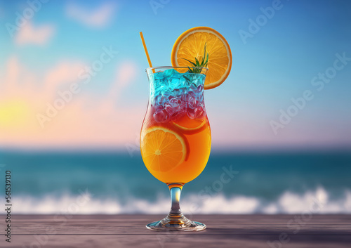 Fresh cold orange cocktail on tropical beach with sea background. Summer sea vacation and travel concept. Generative ai