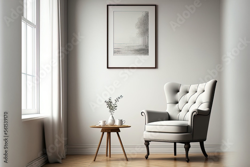 Empty white wall with armchair and coffee table on wooden floor. interior living room. Generative AI