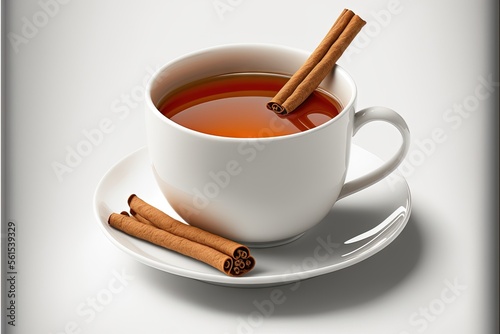  a cup of tea with cinnamon sticks on a saucer and a plate with a spoon and a napkin on it, on a white background with a shadow, with a shadow, a white background.