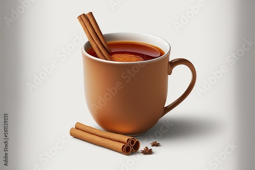  a cup of tea with cinnamons and a cinnamon stick on a white background with a shadow of a cup of tea and cinnamon sticks on the side of the cup is surrounded by cinnamons.