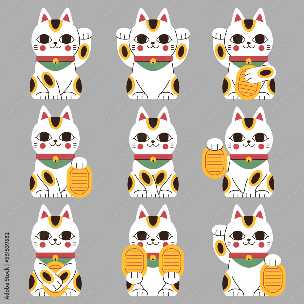 Maneki Neko Lucky Cat Flat Style Set 1 with 9 Poses Maneki Neko Lucky Cat Flat Style Set 1 with 9 Poses