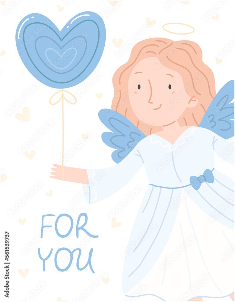 Design concept of a Valentine's day greeting card with a cute angel girl with a balloon heart and the inscription for you. blue vertical illustration. Design concept of a Valentine's day greeting card with a cute angel girl with a balloon heart and the inscription for you. blue vertical illustration.
