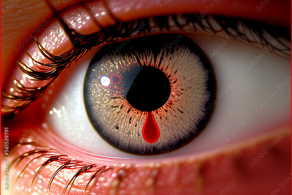 Macro extreme close up of human eye with red blood drop, conceptual