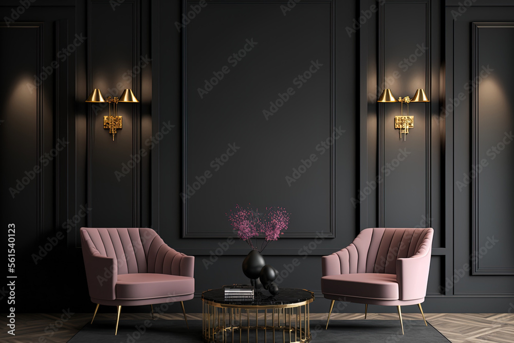 Large master living room in dark black gray colors. Rose pink set of chairs and gold table. Background blank wall blank for wallpaper or paintings. Luxury lounge or reception. Generative AI - obrazy, fototapety, plakaty 