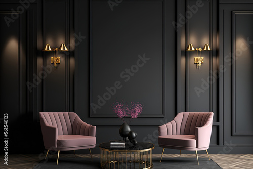 Obraz na plátně Large master living room in dark black gray colors