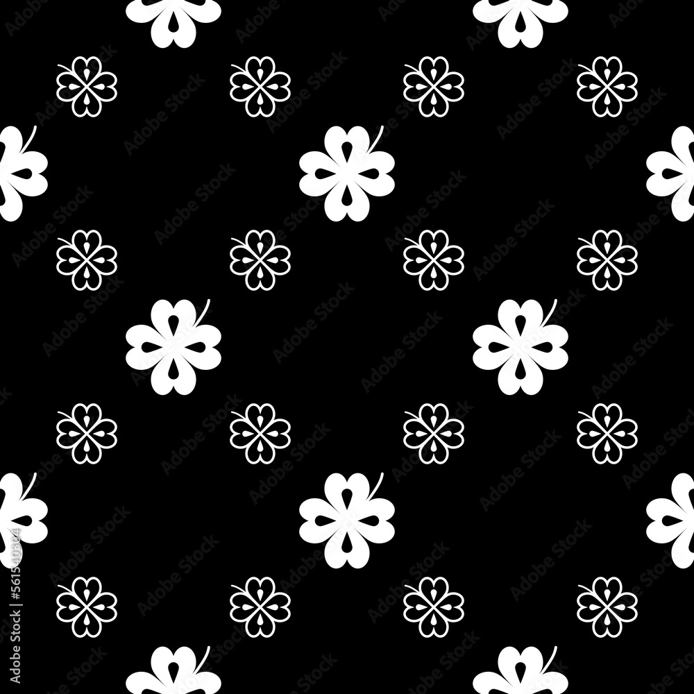 Seamless vector pattern with clover leaves. The holidays backdrop for St. Patrick's Day. White elements on the black. Festive background for greeting cards, decoration, packaging design, print and web Seamless vector pattern with clover leaves. The holidays backdrop for St. Patrick's Day. White elements on the black. Festive background for greeting cards, decoration, packaging design, print and web