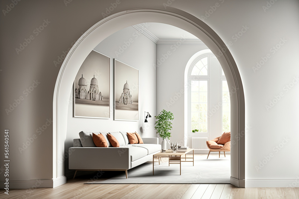 Front view on bright living room interior with two arches with