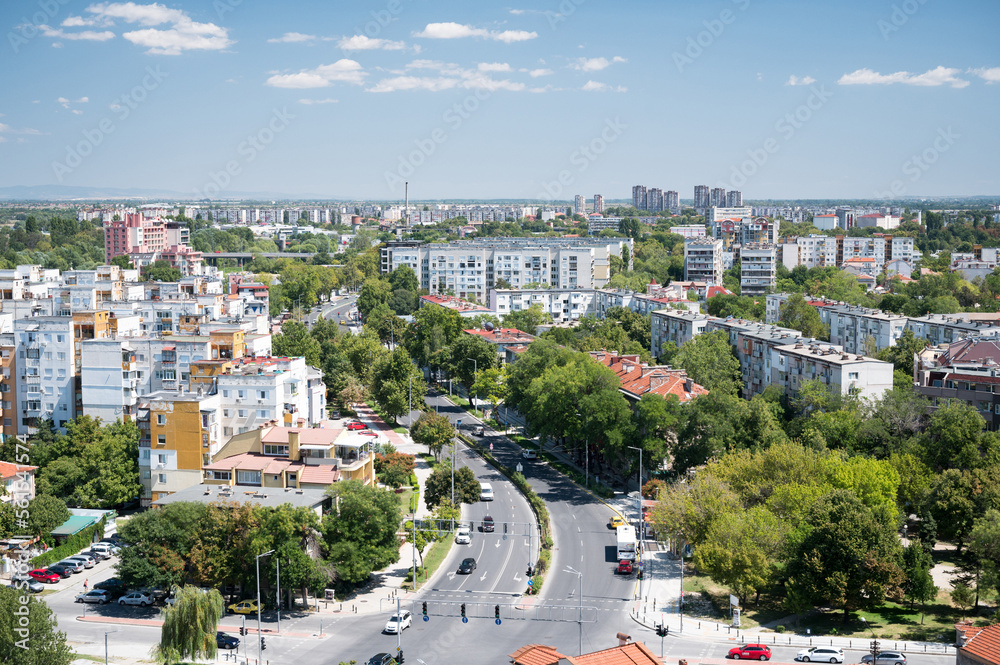Aerial view of the crossroad, Bulgarian city Plovdiv in the middle of sunny day.