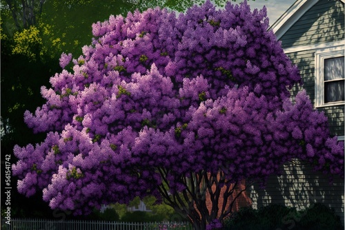  a painting of a purple tree in front of a house with a white picket fence and a gray house behind it with a white picket fence and a blue sky and green house with a.