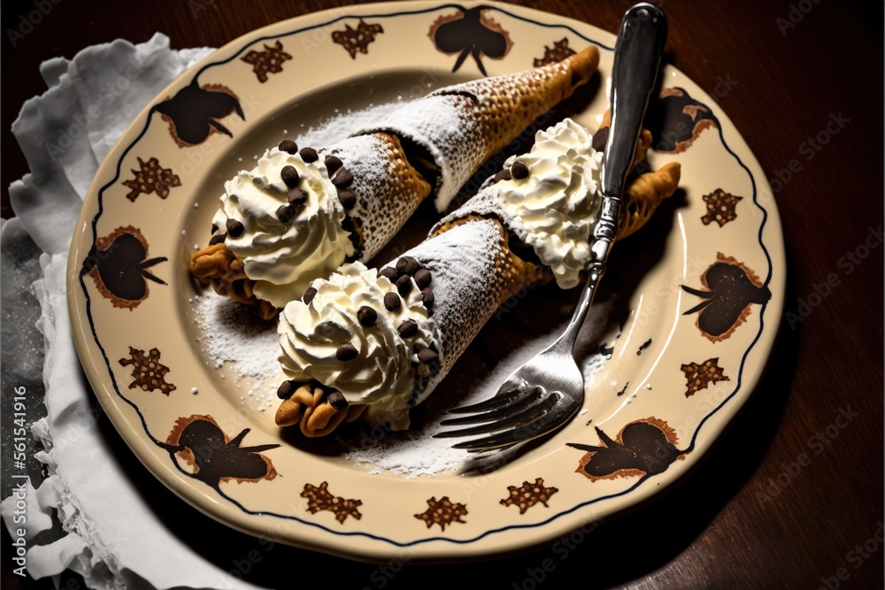 Fototapeta premium a plate with two desserts on it with a fork and knife on it with a napkin on the side of the plate and a napkin on the plate with a fork and a napkin.