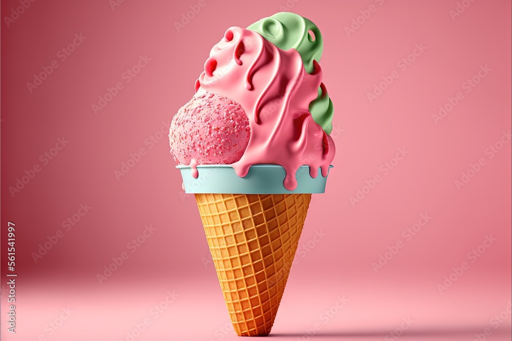 a pink ice cream cone with two scoops of ice cream on top of it, on a pink background, with a shadow of the cone and a pink background with a pink background. a pink ice cream cone with two scoops of ice cream on top of it, on a pink background, with a shadow of the cone and a pink background with a pink background.
